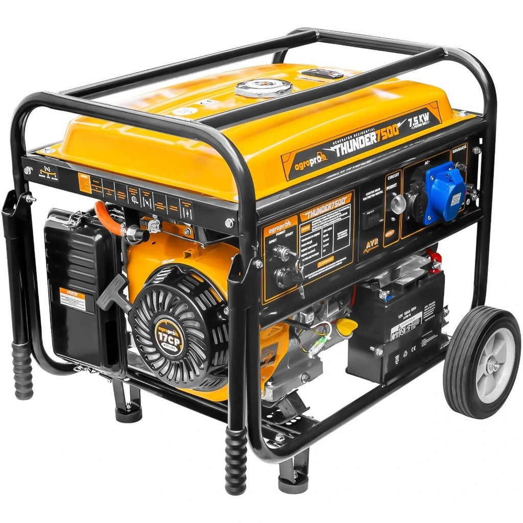 Generator 7.5 kW AgroPro THUNDER 7500 benzina GPL pornire electrica telecomanda rezervor 25 L monofazat Euro 5 sistem transport cu roti si manere permite automatizare ATS