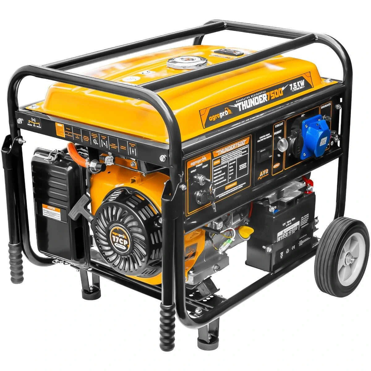 Generator 7.5 kW AgroPro THUNDER 7500 benzina GPL pornire electrica telecomanda rezervor 25 L monofazat Euro 5 sistem transport cu roti si manere permite automatizare ATS