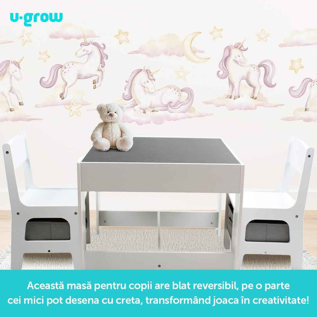 Set masuta si 2 scaune pentru copii , alb MDF, U-Grow
