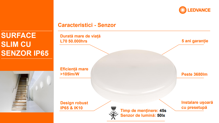 Plafoniera LED pentru baie cu senzor de miscare Ledvance SURFACE SLIM SQUARE 200, 19W, 2000 lm, lumina neutra (4000K), IP65/IK10, 200x200x55mm, Alb