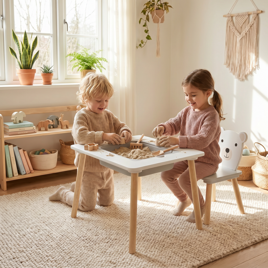 Set masuta si 2 scaune, cu spatiu de activitati, Bear, U-Grow