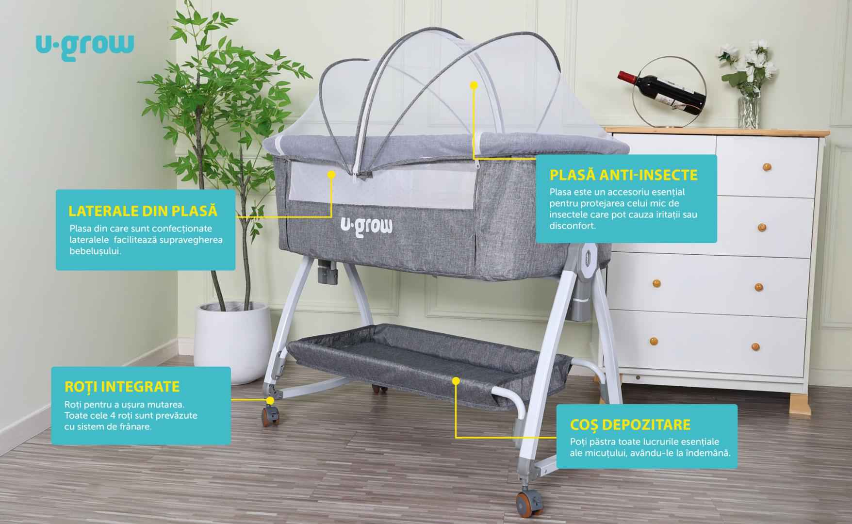 Patut 2 in 1 Co-Sleeper cu functie de leagan, U-Grow