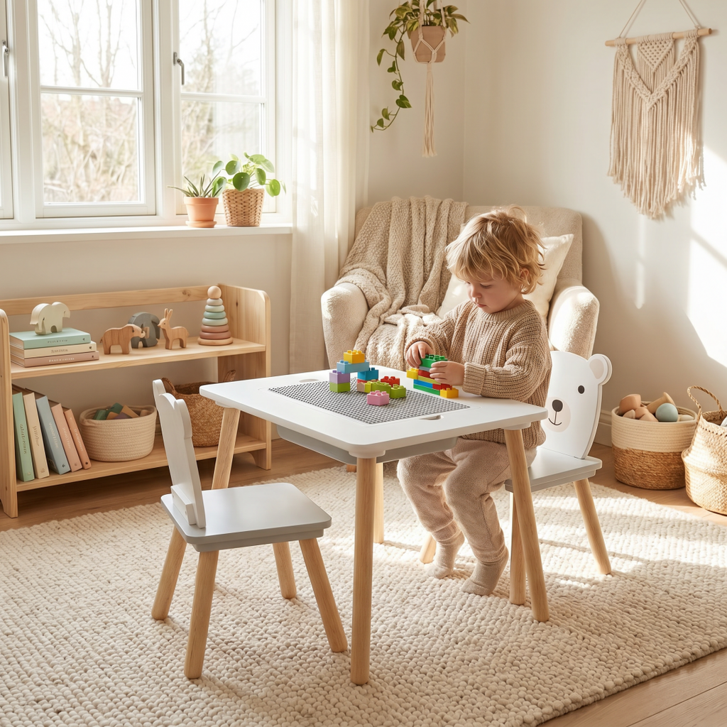 Set masuta si 2 scaune, cu spatiu de activitati, Bear, U-Grow