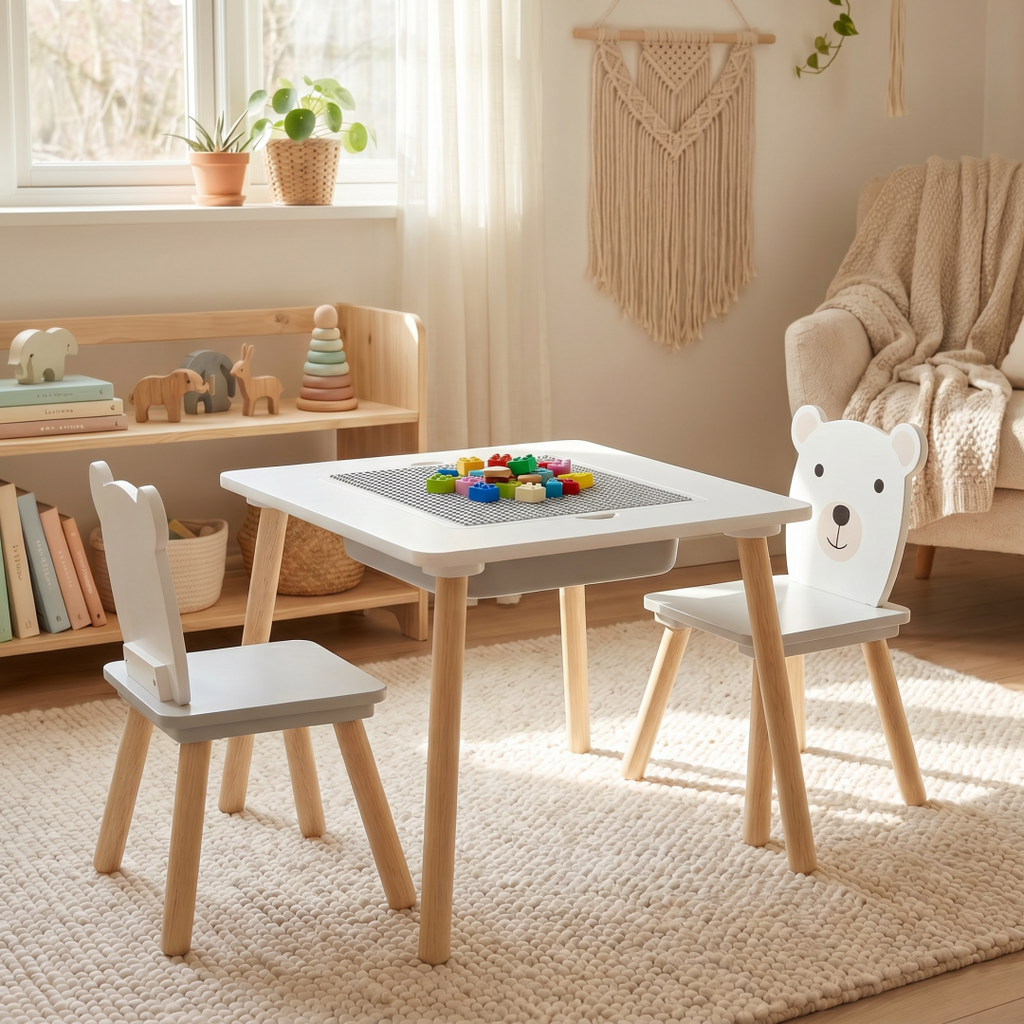 Set masuta si 2 scaune, cu spatiu de activitati, Bear, U-Grow